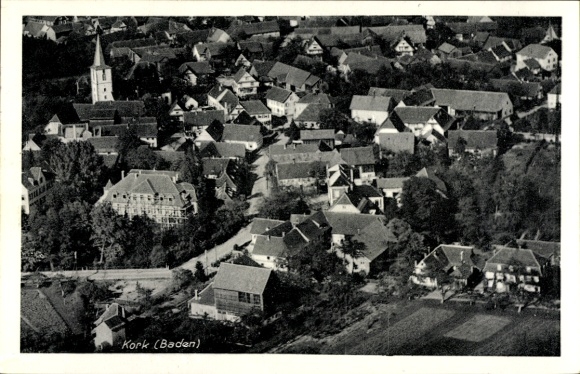 Postcard Kork Kehl am Rhein, aerial view of Kork, houses, church, rural surroundings, black and white