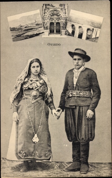 Ansichtkaart Oviedo Asturias Spanje, klederdracht, brug