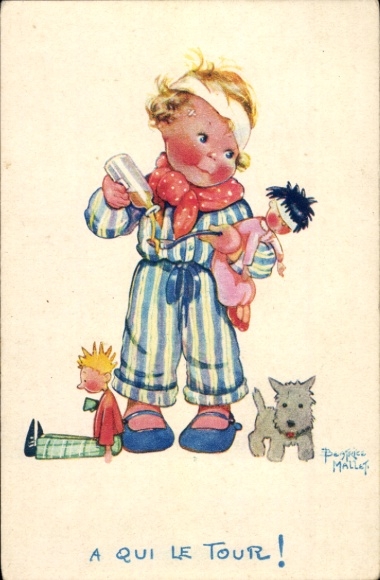 Artist Postcard Mallet, Beatrice, child with dolls, dog, cough syrup,Comite National de l'Enfance