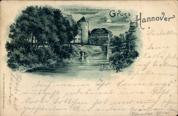 Moonlight Chromo-Litho Hanover in Lower Saxony, Leineufer, Beguinenturm