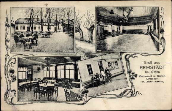Ak Remstädt in Thüringen, Restaurant Albert Heering, Gartenansicht, Saal, Gastzimmer