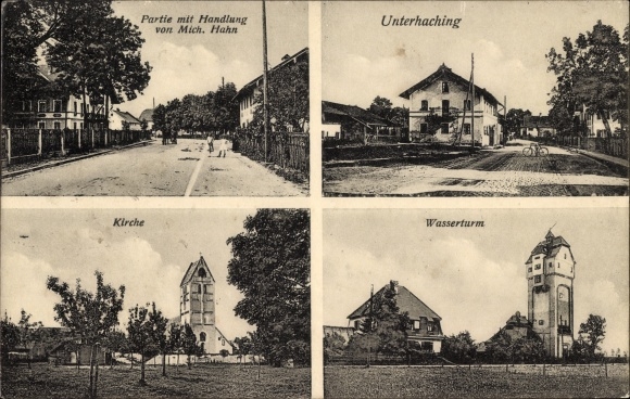 Ak Unterhaching in Opper-Beieren, actie van Mich. Haan, kerk, watertoren