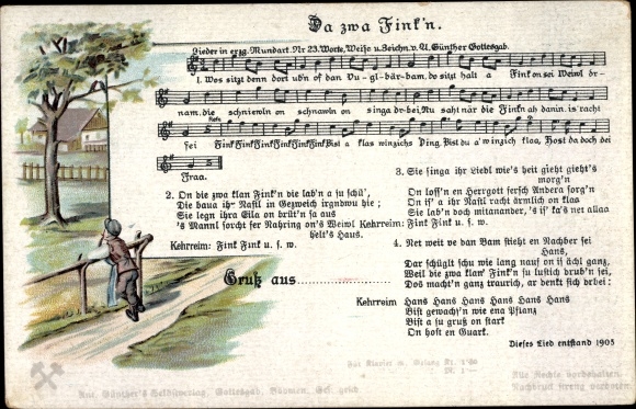 Song Postcard Günther, Anton, Erzgebirge dialect No. 23, Since two Fink&#39;n