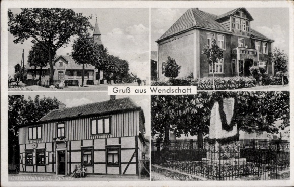 Postcard Wendschott Wolfsburg in Lower Saxony, school, war memorial, commercial building