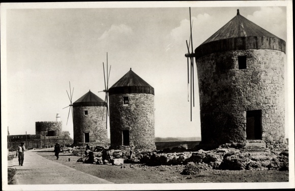 Postcard Rhodes Greece, Mulini a vento e Forte S. Nicola, Windmills