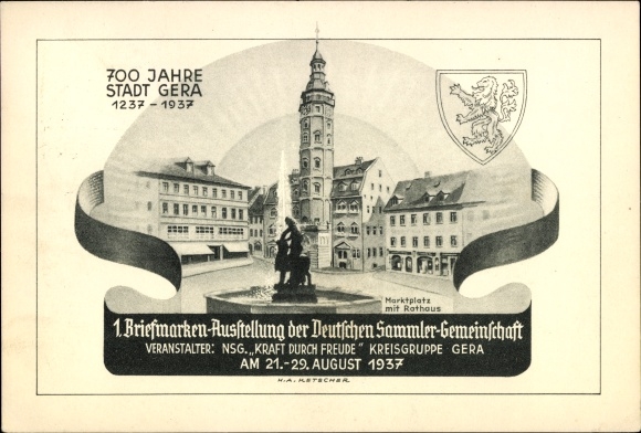 Postcard Gera in Thuringia, 1st stamp exhibition of the German Collectors Association 1937