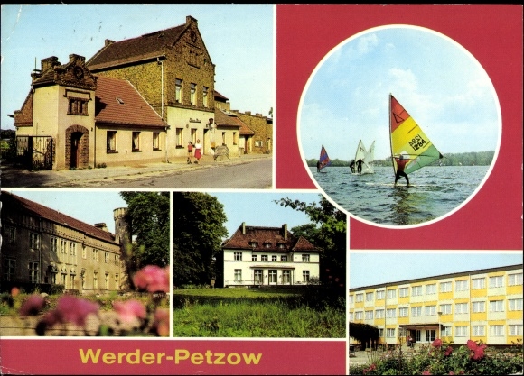 Postcard Petzow Werder ad Havel, restaurant Fontane-Klause, windsurfing, FDGB special school E. Schneller