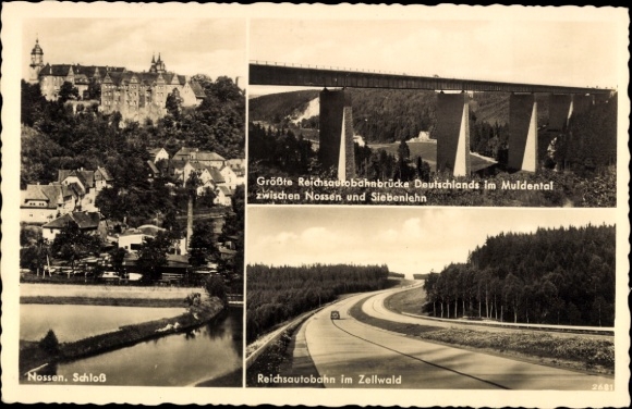 Postcard Nossen, view of the town and the castle, motorway bridge, Zellwald motorway