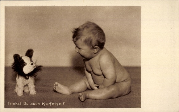 Postcard Do you also drink Kufeke?, baby food, advertising, toddler with stuffed dog