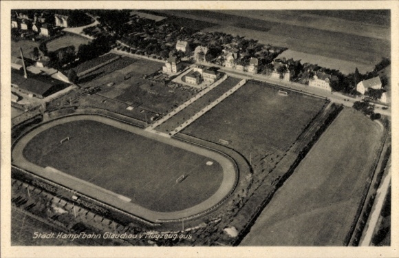 Postcard Glauchau in Saxony, aerial photograph, Städische Kampfbahn