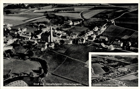 Postcard Hebertsfelden Lower Bavaria, aerial photograph, church, fields, clay factory Hebertsfelden
