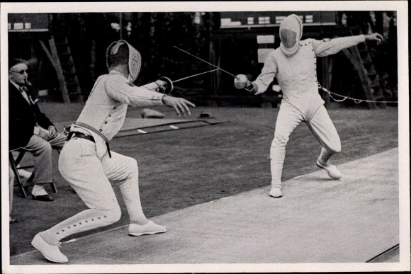 Sammelbild Olympia 1936, Fechter beim Fünfkampf, Handrick und Bramfeld