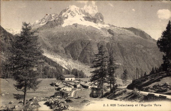 Ak Tréléchamp Haute Savoie, Berglandschaft,  Aiguille Verte, Bäume, Weg