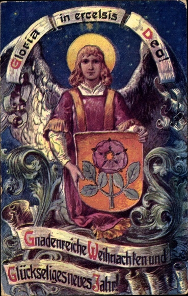 Artist Postcard Merry Christmas, Happy New Year, angel with coat of arms, Gloria in excelsis Deo