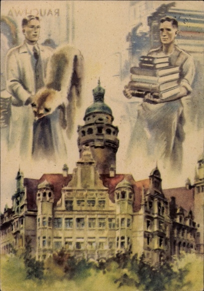 Artist Postcard Leipzig, First Leipzig Peace Fair 1947, Town Hall, Fur Trader, Bookseller