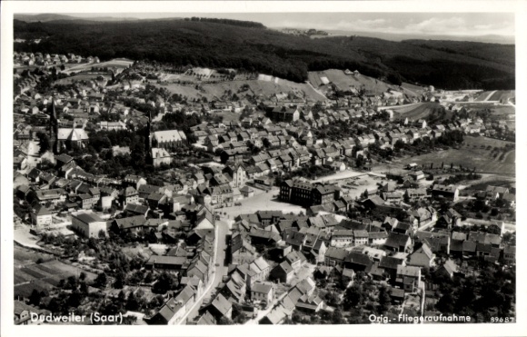 Postcard Dudweiler Saarbrücken in Saarland, aerial photograph of Saar, houses, churches, landscape