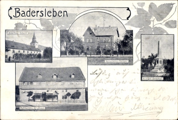 Postcard Badersleben Huy am Harz, Agricultural School, Rothkamms Inn, Post Office, War Memorial