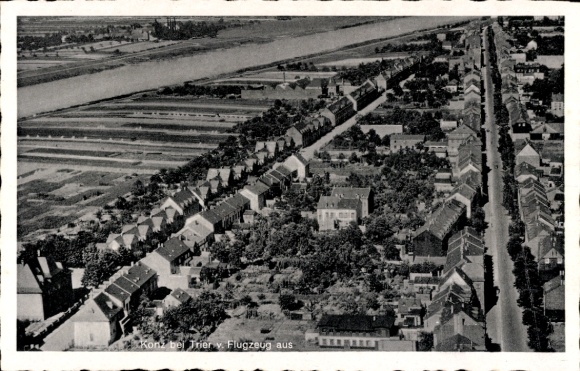 Postcard Konz on the Moselle, aerial view of Konz, residential areas, Moselle in the background, houses, streets