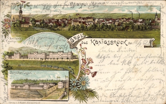 Chromo-Litho Königsbrück in Upper Lusatia, artillery barracks, barracks camp, panorama from the train station