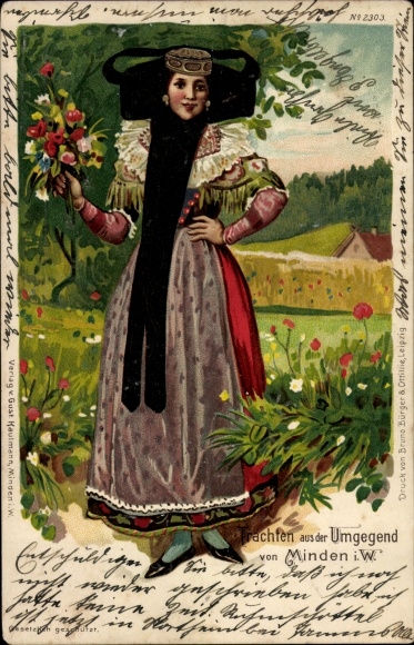 Chromo-Litho Minden in Westphalia, woman in Westphalian costume