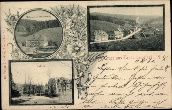 Postcard Tannenbergsthal in Vogtland, factory, long view, restaurant