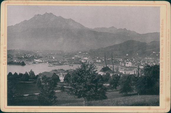 Cabinet photo Lucerne city Switzerland, panorama with Pilatus, seen from Dreilinden