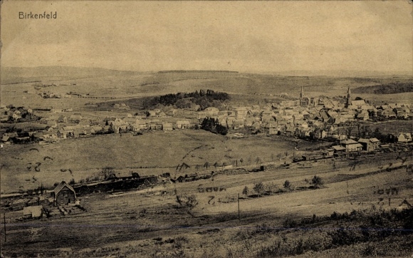 Postcard Birkenfeld an der Nahe, town view, rural landscape, houses, church tower