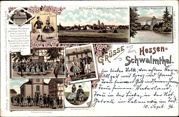 litho Schwalmtal Hessen, kasteel Wilhelmshöhe, klederdracht, naar de kerk gaan, Schwalm-kinderen, Alsfeld