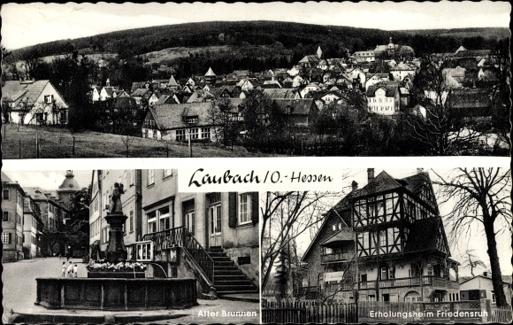 Postcard Laubach in Hesse, old fountain, rest home Friedensruh
