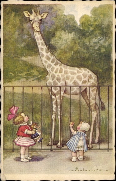 Artist PC Colombo, children in the zoo, giraffe