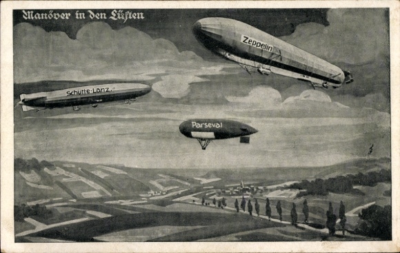 Ak Manöver in den Lüften, Schütte Lanz, Zeppelin, Parseval, Deutscher Luftflotten Verein