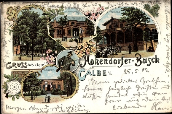 Litho Calbe an der Saale, Gasthof Hohendorfer Busch, Schießhalle, Saaleingang, Veranda