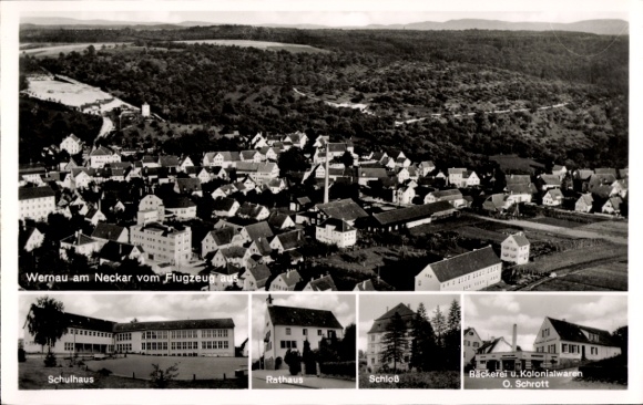 Postcard Wernau am Neckar, aerial photograph, schoolhouse, town hall, castle, grocery store