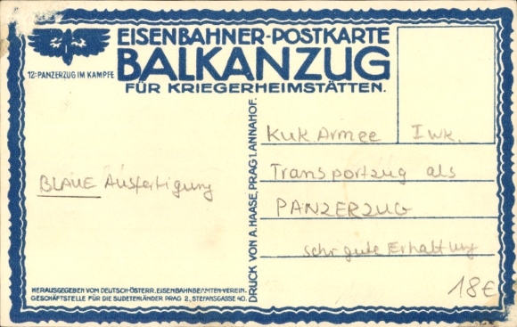 Postcard Balkanzug for warriors' homes, armored train, transport train