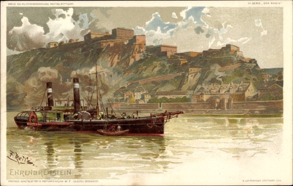 Kunstenaar litho Reiss, Fr., Ehrenbreitstein Koblenz am Rhein, salonstoomboot, kasteel