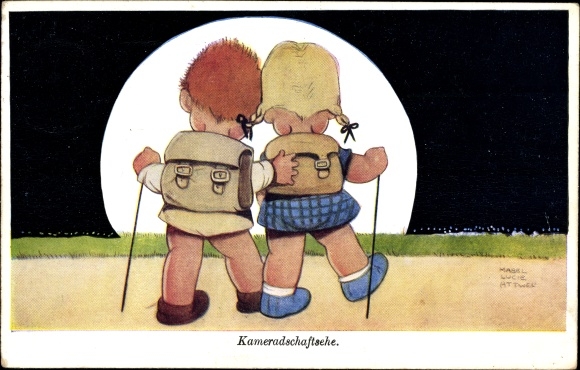 Künstler Ak Attwell, M. L., Kameraden, Kinder, Wanderer, Gehstovk