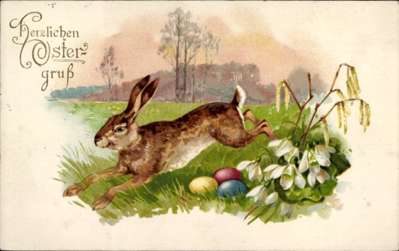 Postcard Congratulations Easter, Easter bunny, Easter eggs, snowbells