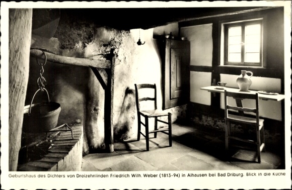 Postcard Alhausen Bad Driburg in Westphalia, birthplace of FW Weber, simple room with chair and