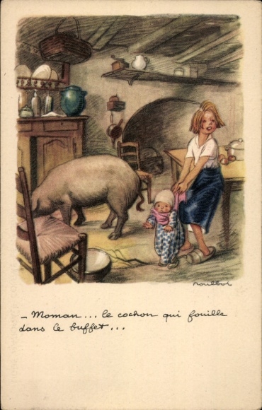 Kunstenaarskaart Poulbot, Francisque, Ligue Nationale contre le Taudis, kinderen en varken in een keuken