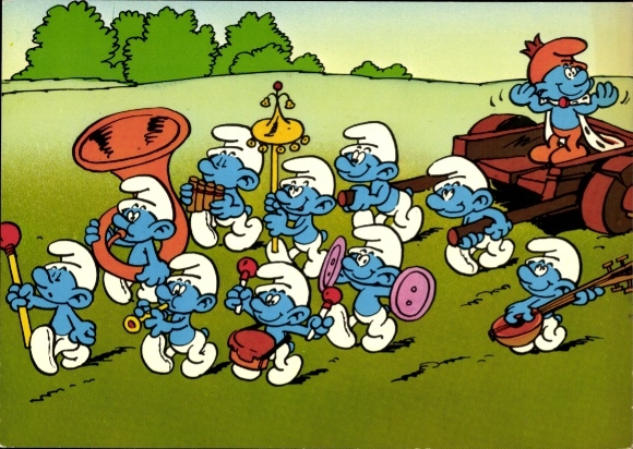 Postcard The Smurfs, marching band, tuba, pan flute