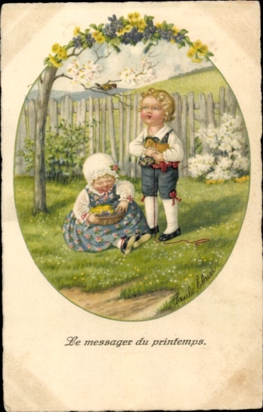 Artist Chromo-Litho Ebner, Pauli, The Message of Spring, Children on a Meadow, Spring