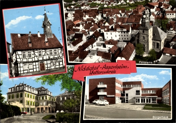 Postcard Assenheim Niddatal Hesse, panorama, community center, castle, town hall