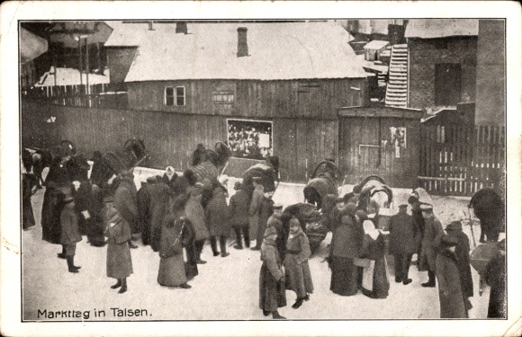 Postcard Talsi Talsen Kurland Latvia, market day, traders, winter