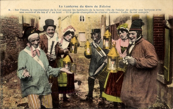 Postcard Falaise Calvados, people in traditional costumes, lanterns
