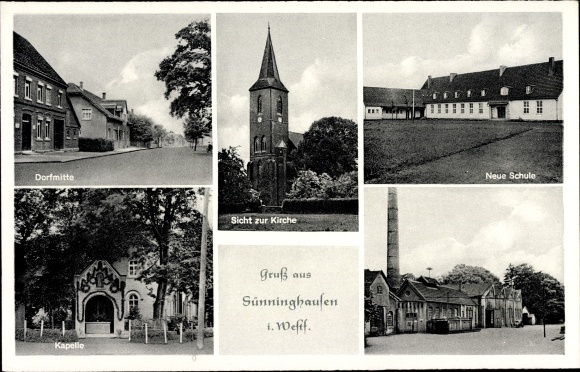 Ak Sünninghausen Oelde in Münsterland, kerk, kapel, school, dorpscentrum