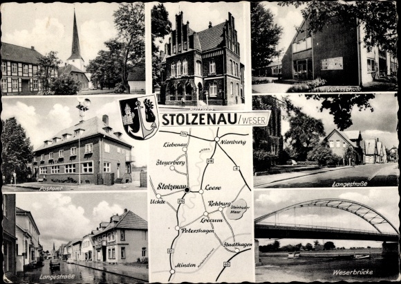 Postcard Stolzenau Weser, elementary school, post office, Langestrasse