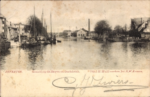 KP Deventer Overijssel Holandia, widok na port, Gaafabriek, statki, Deventer