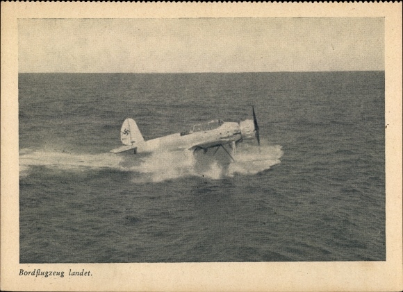Postcard board plane lands, German fighter plane, Arado Ar 196, Luftwaffe, II WW