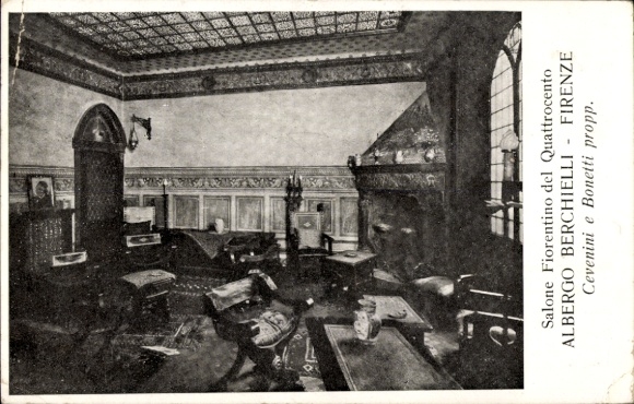 Ak Firenze Florenz Toscana, Innenansicht eines Raumes, Möbel, Dekoration, Schriftzug Albergo Berc