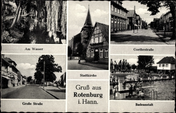 Ak Rotenburg an der Wümme, Stadtkirche, Freibad, Gothestr., Große Str., am Wasser